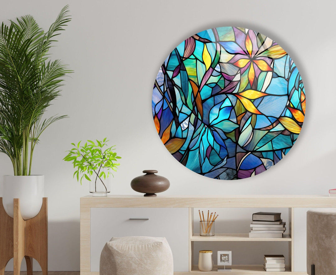 Stained with Floral Patterns Round Glass Wall Art glass image printing, glass prints from photos
