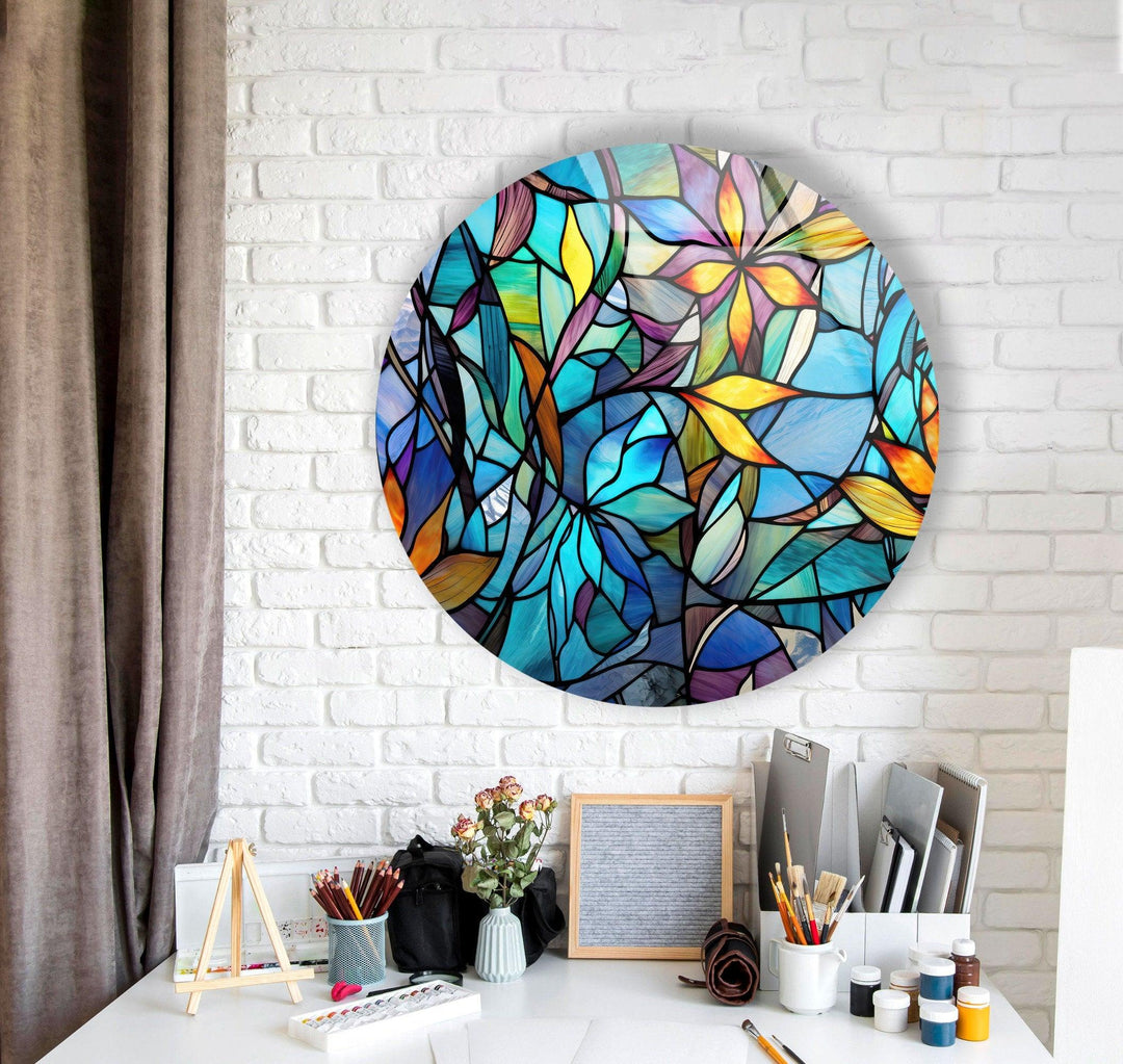 Stained with Floral Patterns Round Glass Wall Art photo print on glass, prints on glass wall art
