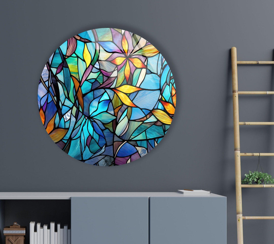 Stained with Floral Patterns Round Glass Wall Art custom glass photo prints, large glass prints
