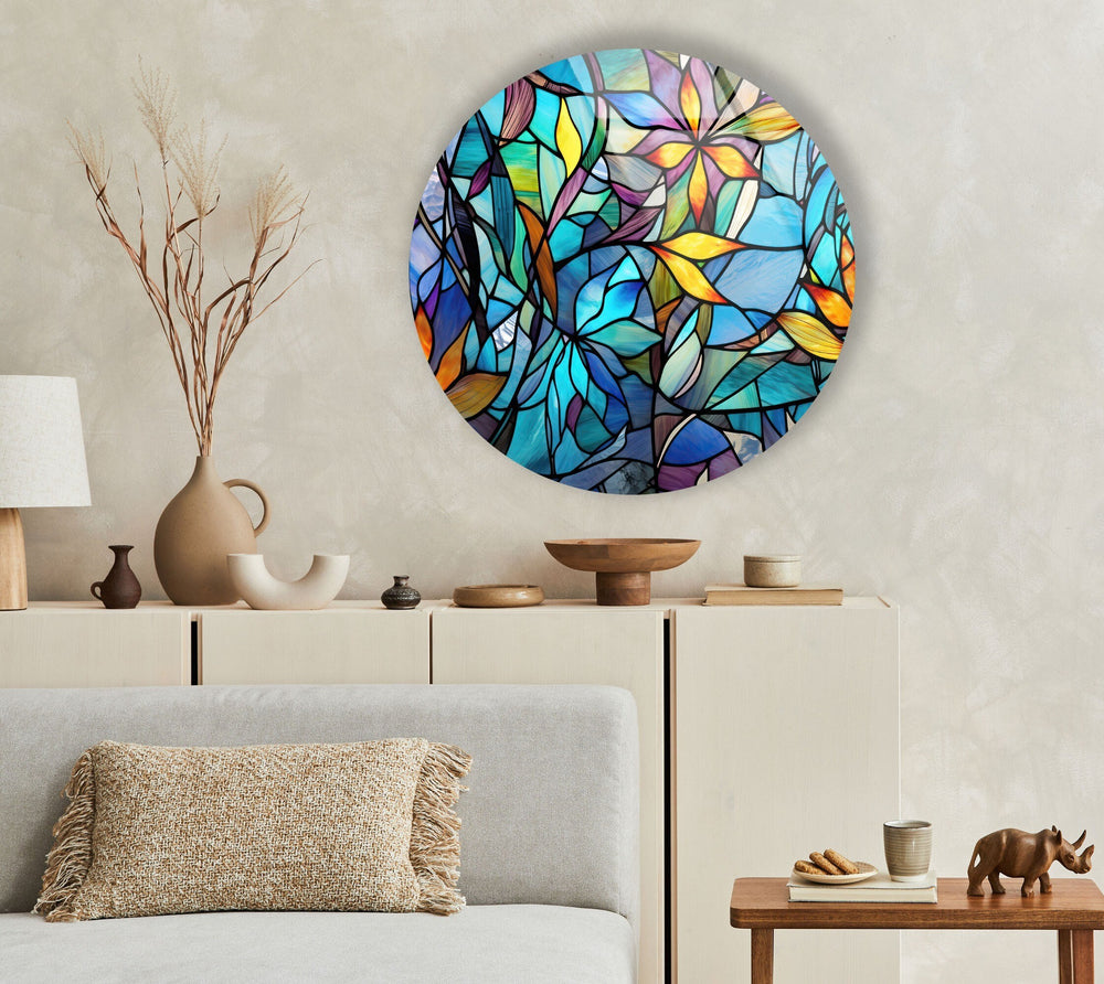 Stained with Floral Patterns Round Glass Wall Art Glass Printing Wall Art, Print photos on glass
