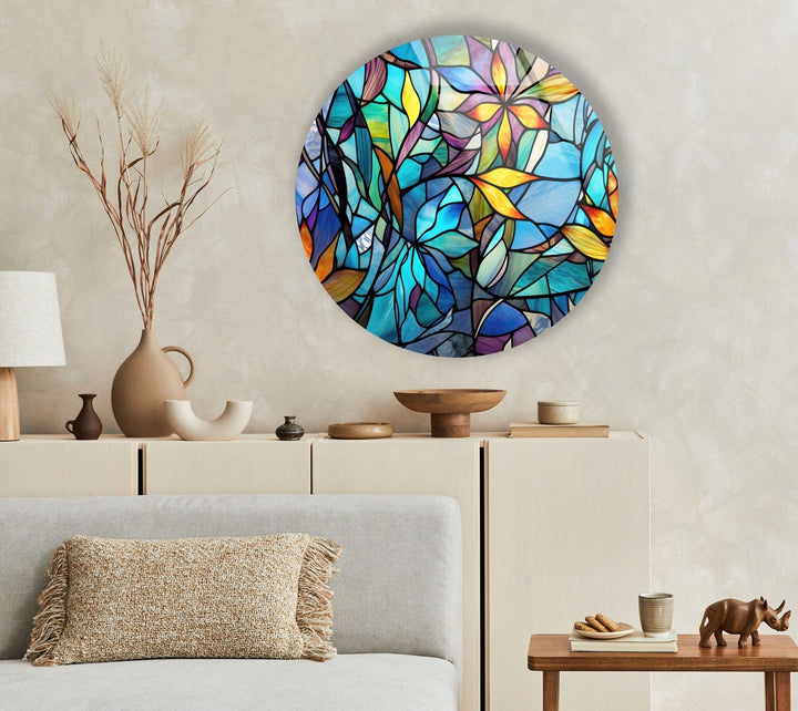 Stained with Floral Patterns Round Glass Wall Art Glass Printing Wall Art, Print photos on glass
