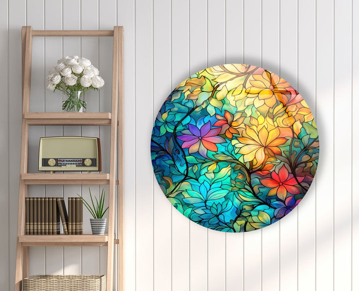 Colored Flowers Stained Round Glass Wall Art glass pictures for Wall, glass prints wall art
