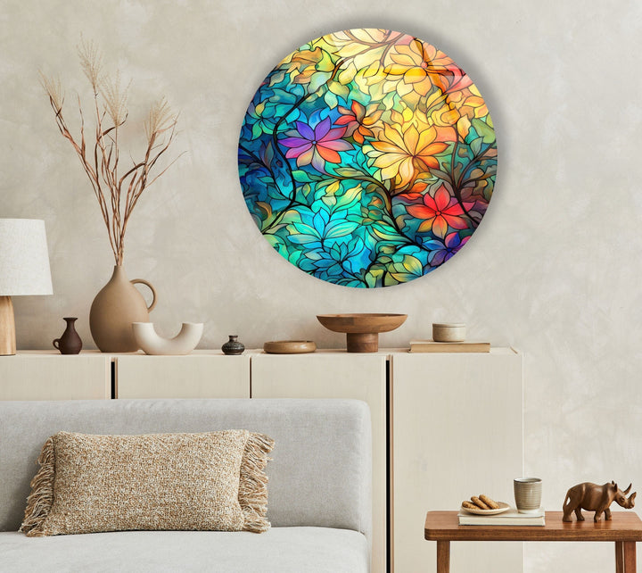 Colored Flowers Stained Round Glass Wall Art glass image printing, glass prints from photos
