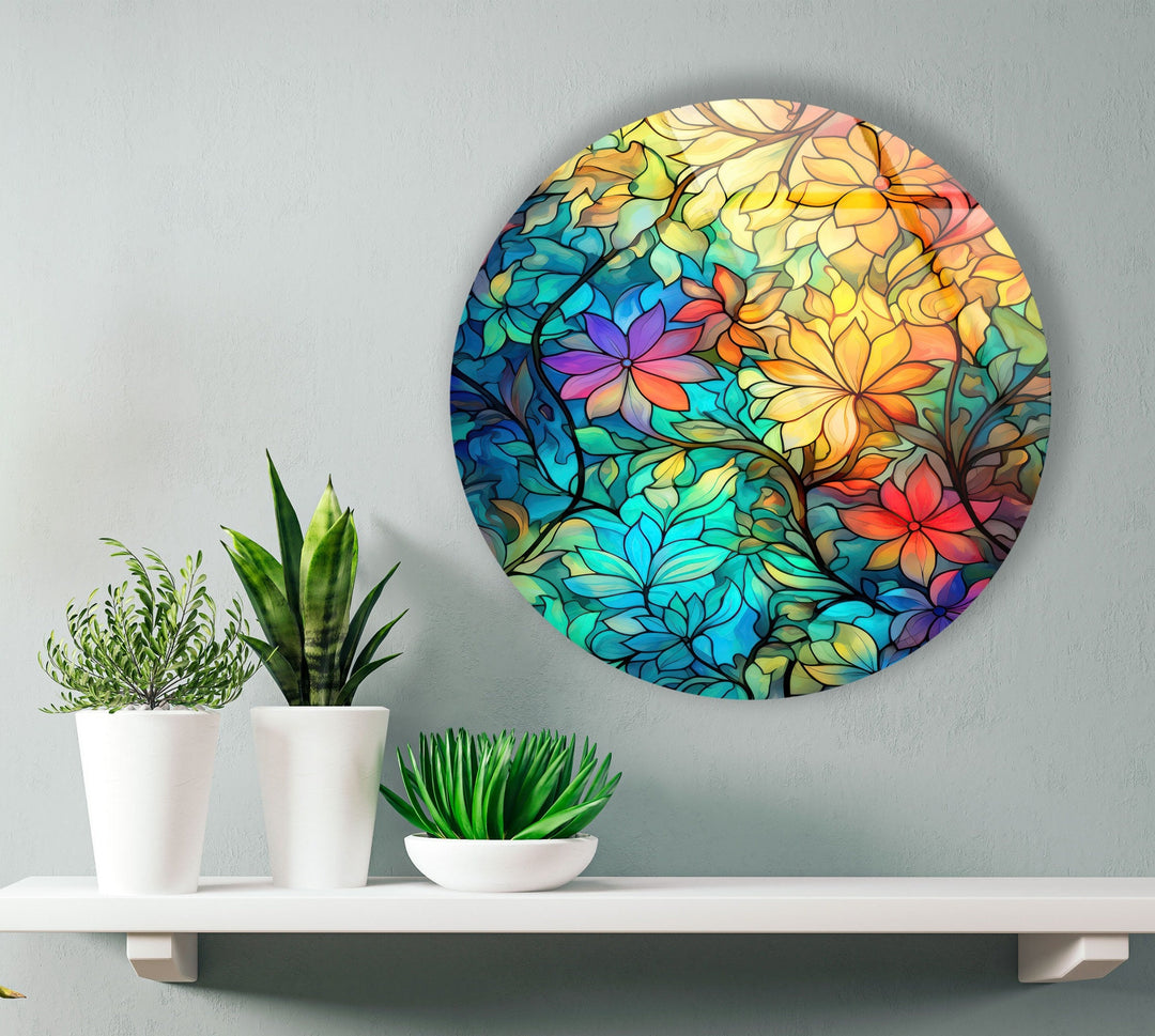 Colored Flowers Stained Round Glass Wall Art custom glass pictures, glass art prints
