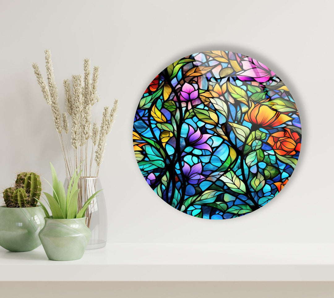 Colorful Stained with Flowers Round Glass Wall Art stained glass wall art, stained glass wall decor
