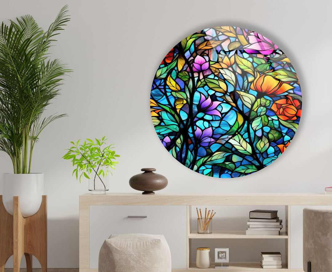 Colorful Stained with Flowers Round Glass Wall Art Glass Printing Wall Art, Print photos on glass
