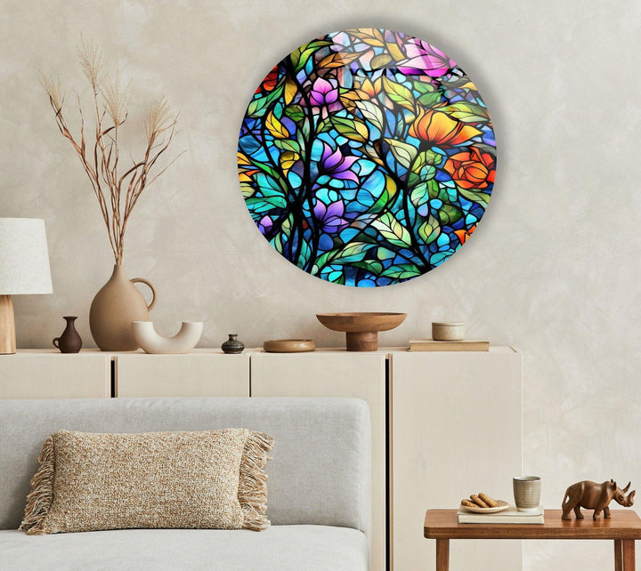 Colorful Stained with Flowers Round Glass Wall Art glass photo prints, glass picture prints
