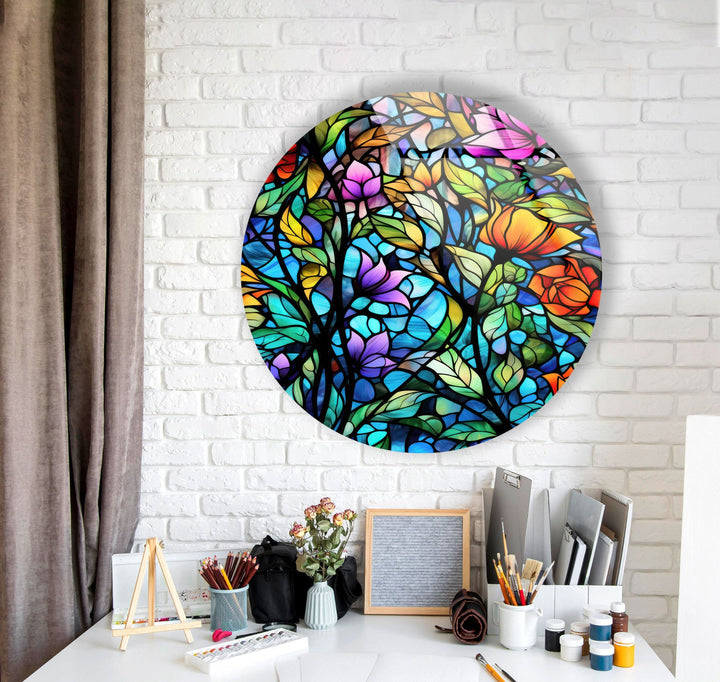 Colorful Stained with Flowers Round Glass Wall Art glass wall decor, glass wall art decor
