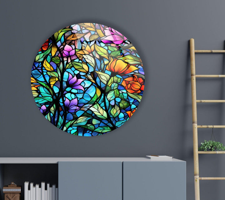 Colorful Stained with Flowers Round Glass Wall Art glass pictures for Wall, glass prints wall art
