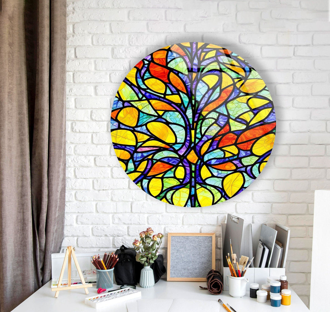 Stained Round Yellow Tree Glass Wall Art stained glass wall art, stained glass wall decor
