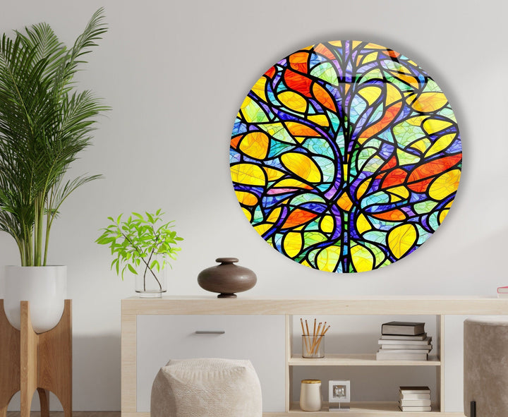 Stained Round Yellow Tree Glass Wall Art art glass wall art, glass wall art pictures
