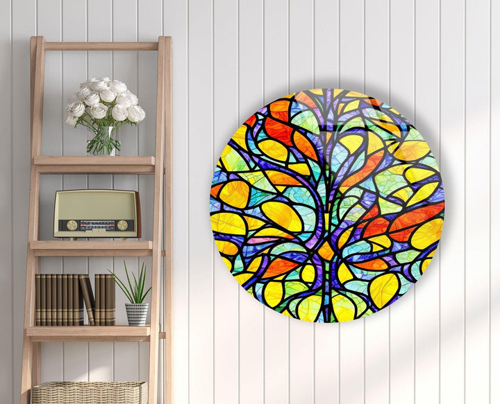 Stained Round Yellow Tree Glass Wall Art Glass Printing Wall Art, Print photos on glass
