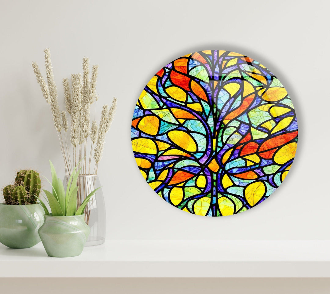 Stained Round Yellow Tree Glass Wall Art glass photo prints, glass picture prints
