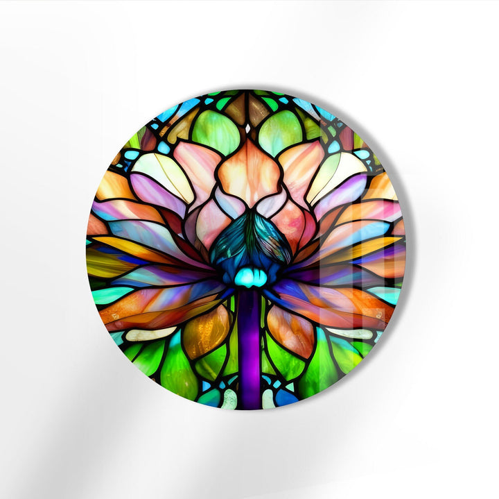 Stained Round Lotus Glass Wall Art glass photo prints, glass picture prints
