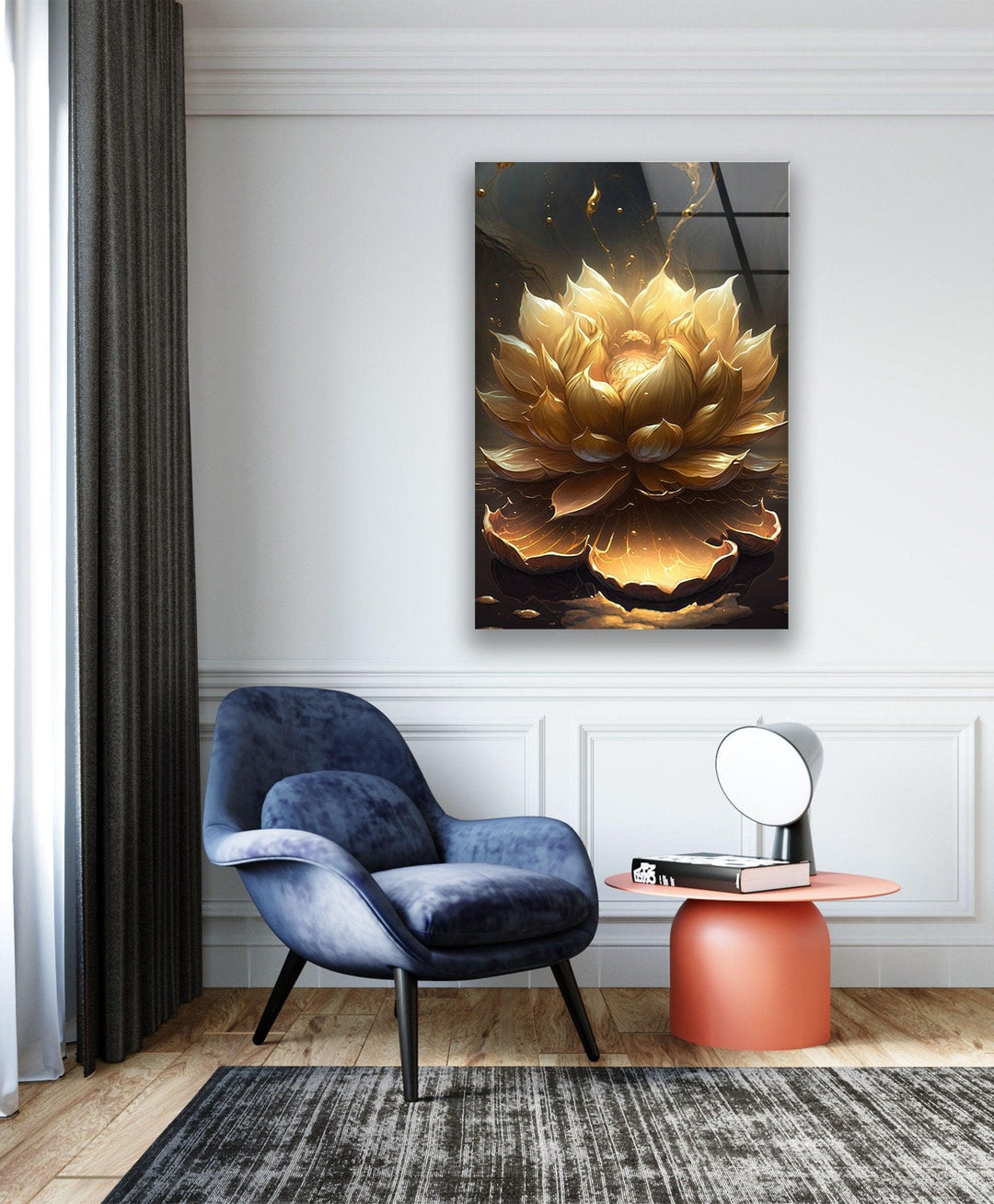 Golden Flower Black Background Glass Wall Art, glass photo prints, glass picture prints