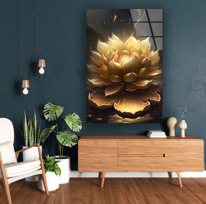 Golden Flower Black Background Glass Wall Art, Glass Printing Wall Art, Print photos on glass