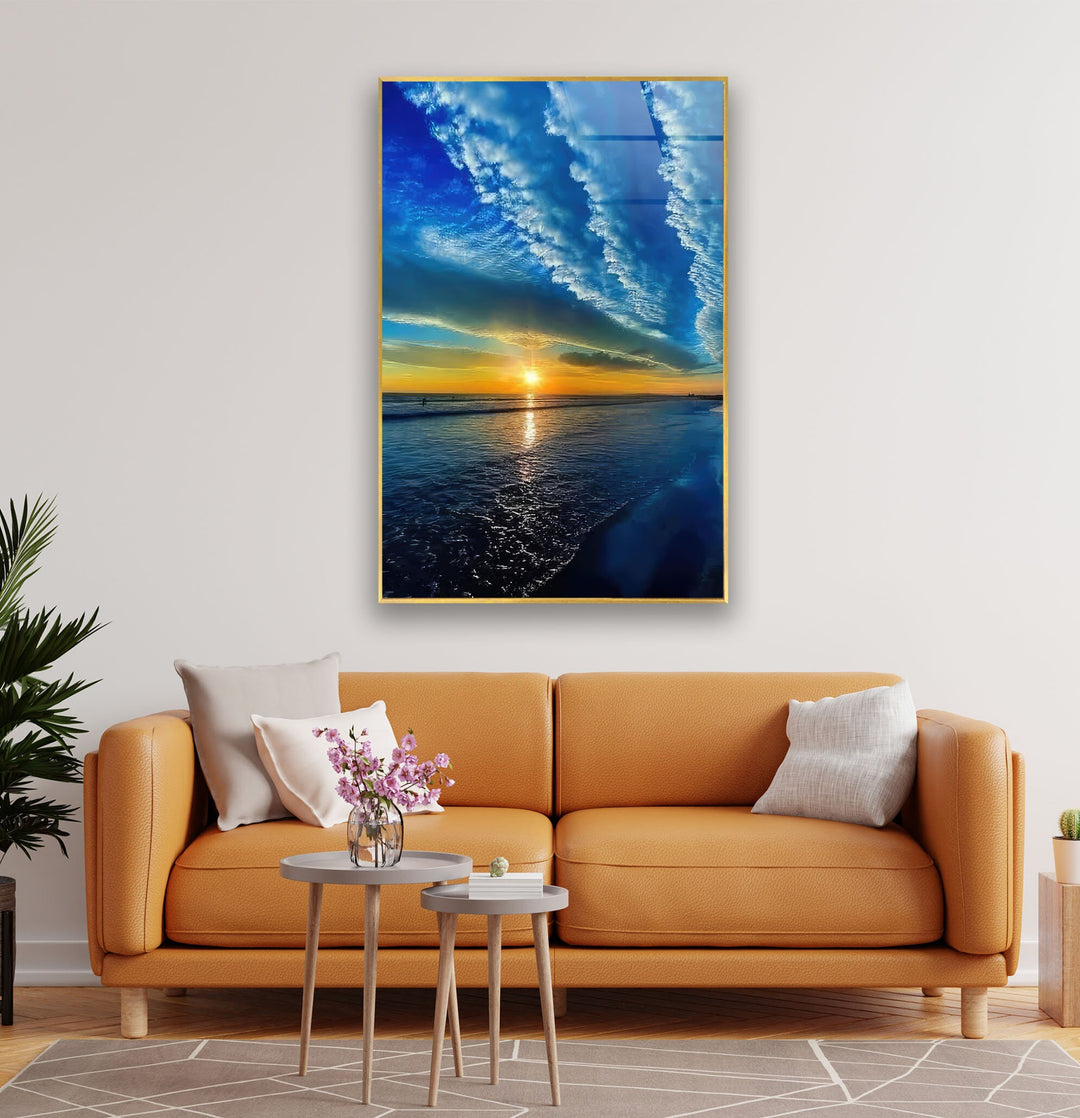 Sunset Over Blue Sea Glass Wall Art Glass Printing Wall Art, Print photos on glass