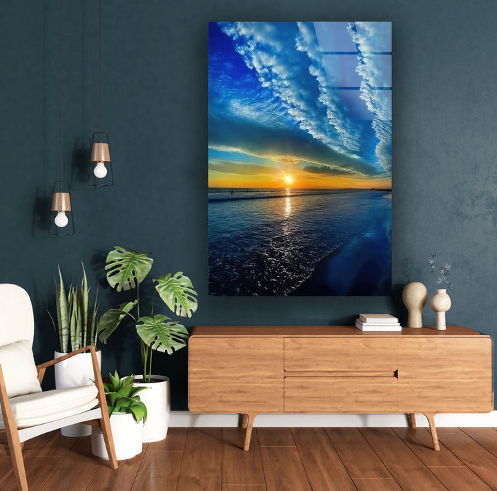 Sunset Over Blue Sea Glass Wall Art custom glass pictures, glass art prints