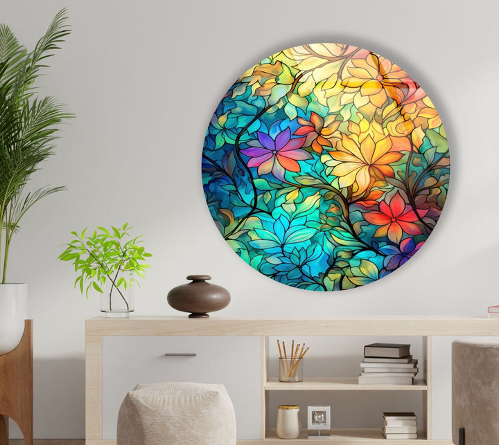 Colored Flowers Stained Round Glass Wall Art glass wall decor, glass wall art decor
