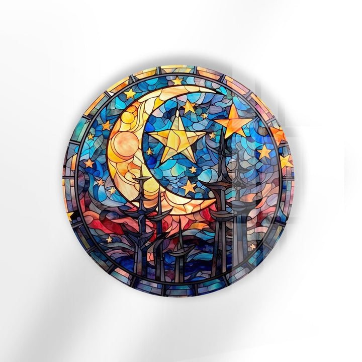 Stained Moon Stars Round Glass Wall Art Glass Printing Wall Art, Print photos on glass
