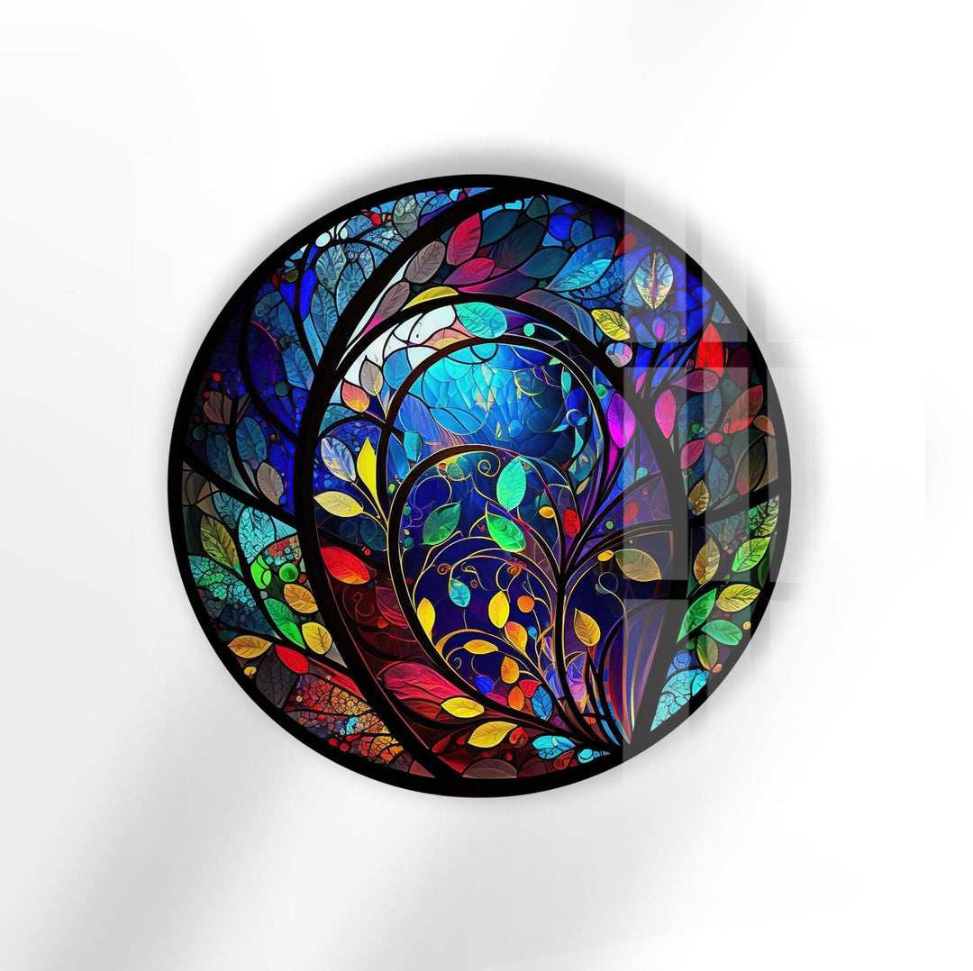 Stained Colorful Leaf Round Glass Wall Art glass art painting, glass art for the Wall
