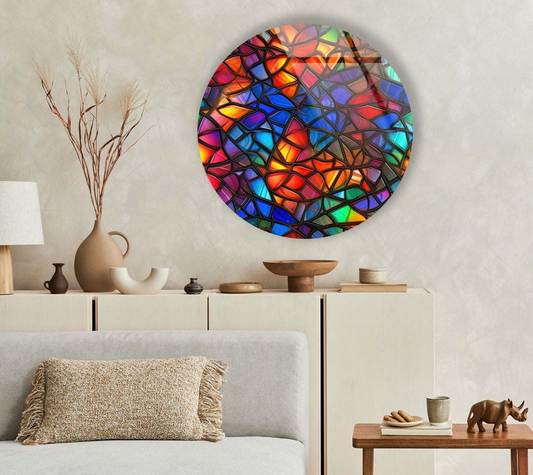 Stained Round Blue & Red Glass Wall Art photo print on glass, prints on glass wall art
