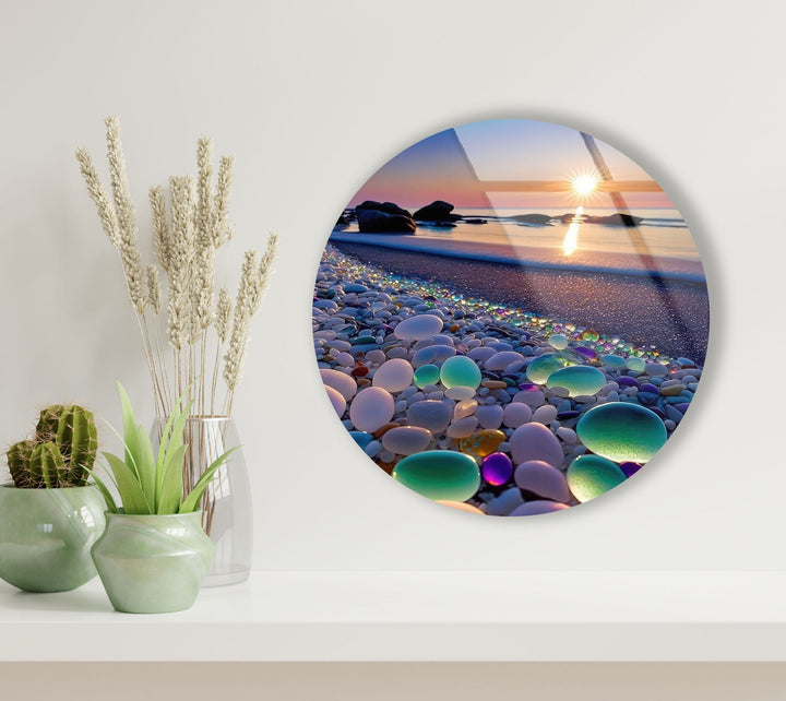 Sunset Stones Round Glass Wall Art glass art painting, glass art for the Wall
