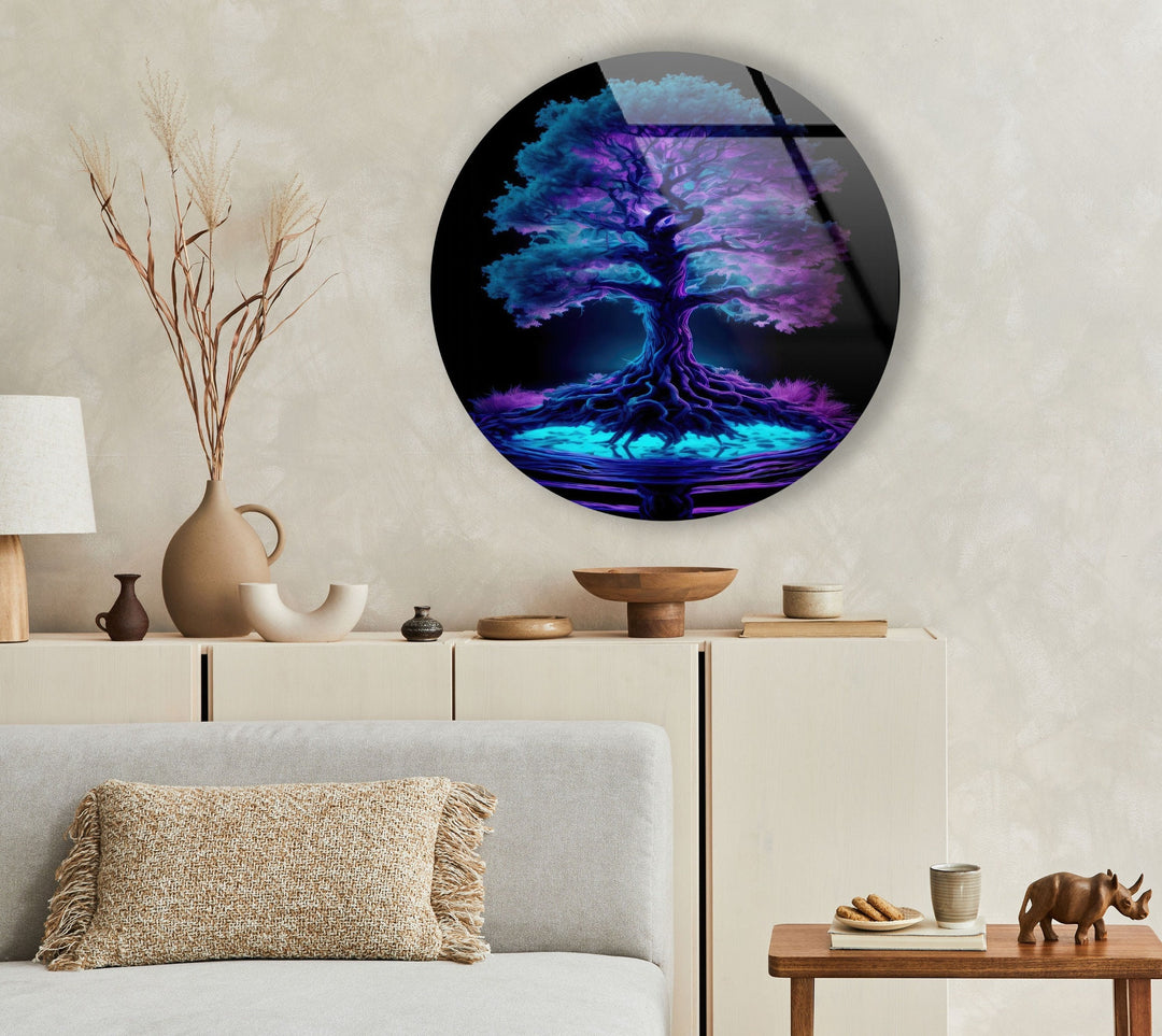 Purple Life of Tree Round Glass Wall Art photo print on glass, prints on glass wall art
