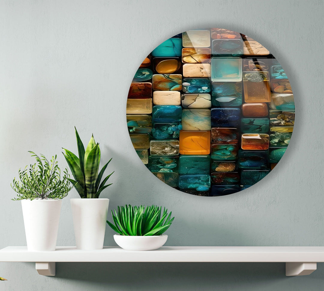 Stained Round Blue Stones Glass Wall Art glass pictures for Wall, glass prints wall art
