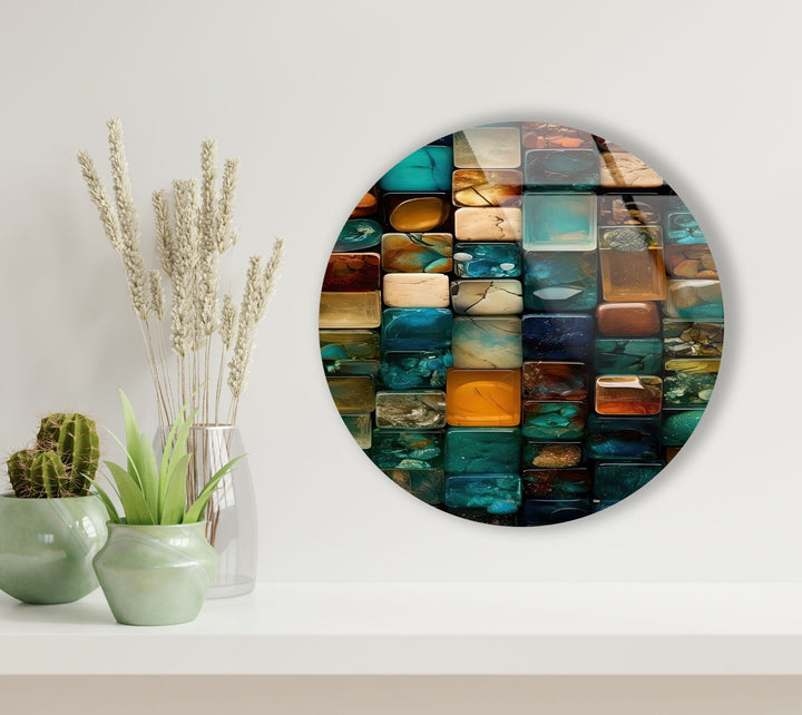 Stained Round Blue Stones Glass Wall Art large glass photo prints, glass wall photos
