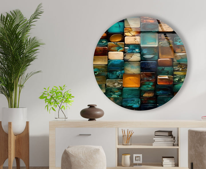 Stained Round Blue Stones Glass Wall Art picture on glass wall art, photos printed on glass
