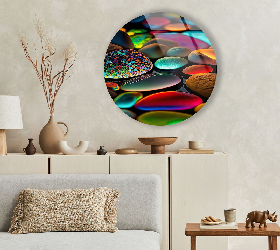 Glowy Zen Spa Stones Round Glass Wall Art picture on glass wall art, photos printed on glass
