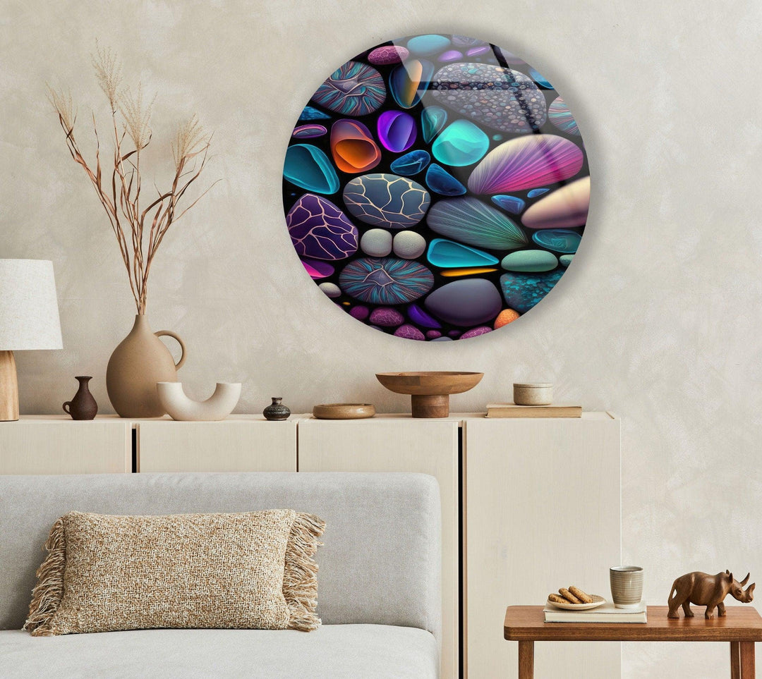 Colored Zen Spa Stones Round Glass Wall Art picture on glass wall art, photos printed on glass
