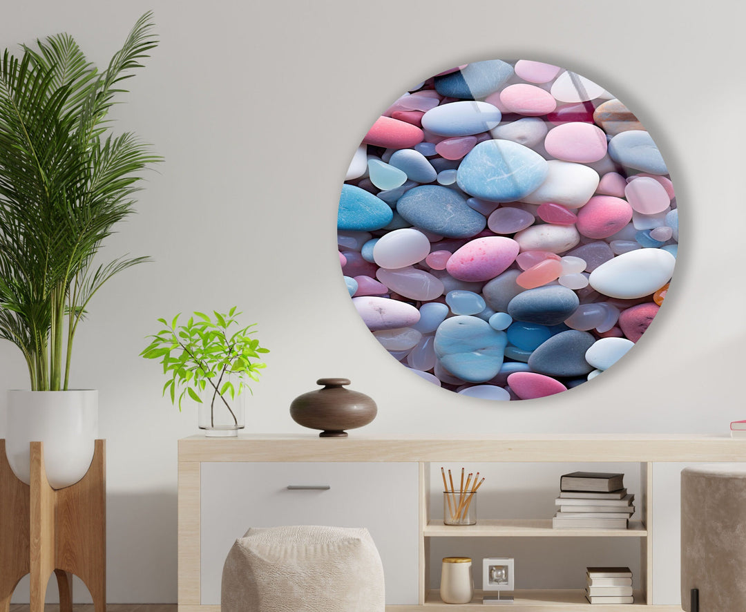 Pink & Blue Zen Spa Stones Round Glass Wall Art picture on glass wall art, photos printed on glass
