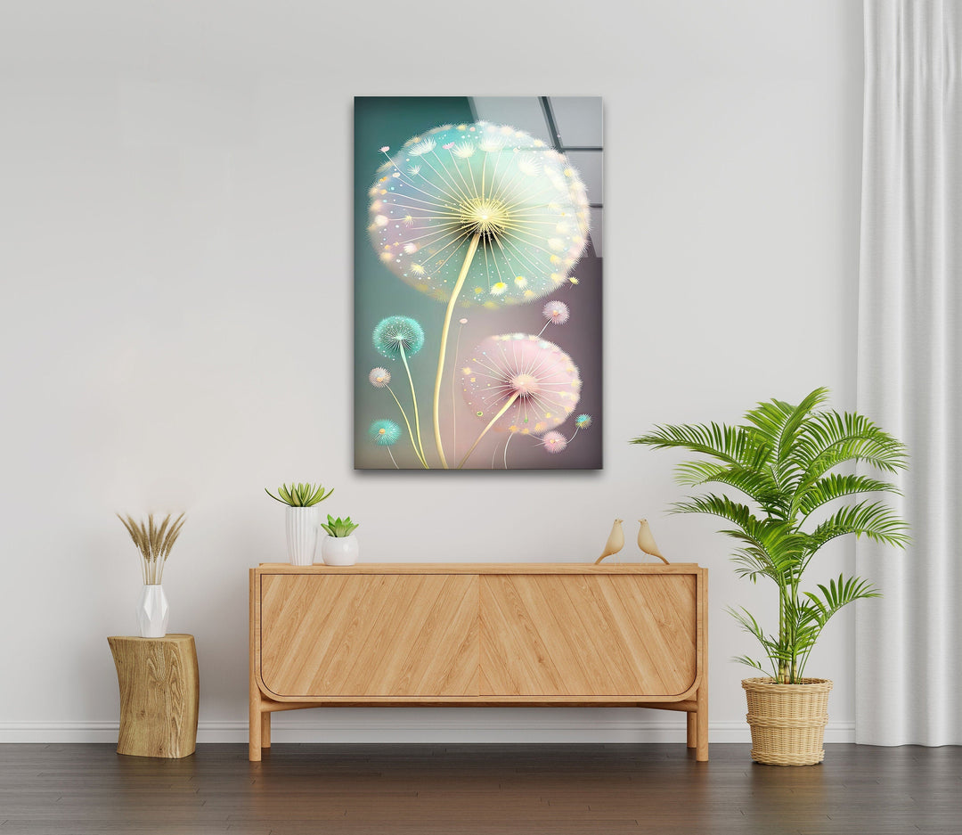 Delicate Pastel Colors Dandelion Glass Wall Art, custom glass pictures, glass art prints