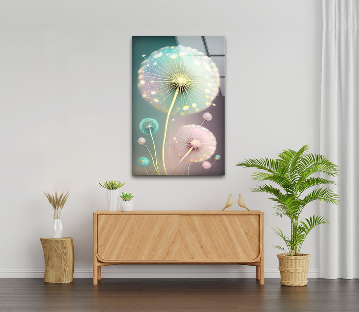 Delicate Pastel Colors Dandelion Glass Wall Art, custom glass pictures, glass art prints