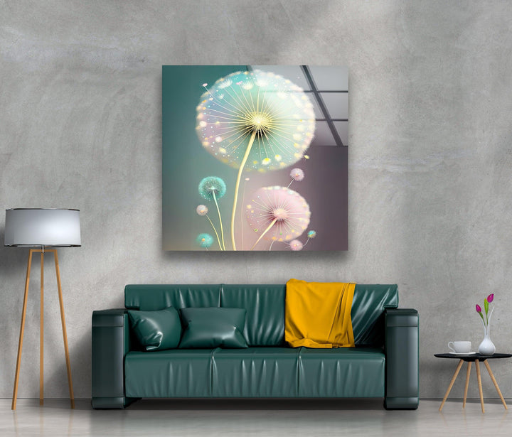 Delicate Pastel Colors Dandelion Glass Wall Art, photo print on glass, prints on glass wall art