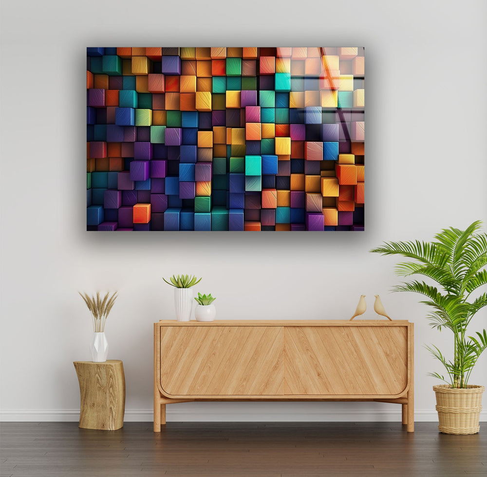 Colorful Abstract Cubes Tempered Glass Wall Art