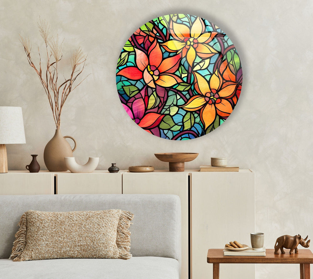 Stained Flower and Leaf Details Round Glass Wall Art glass wall decor, glass wall art decor
