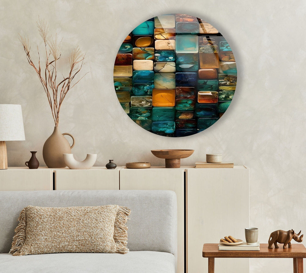 Stained Round Blue Stones Glass Wall Art glass photo prints, glass picture prints
