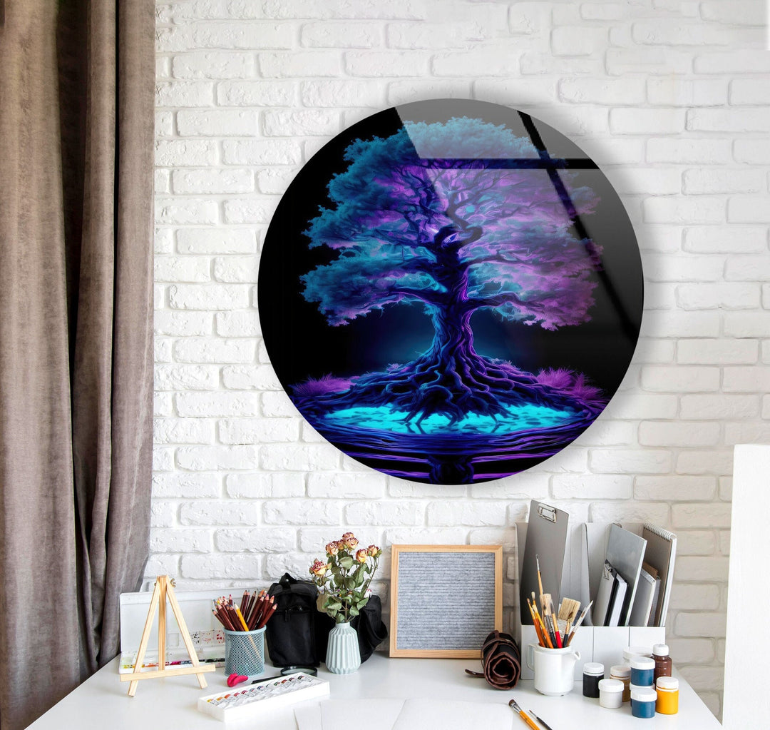 Purple Life of Tree Round Glass Wall Art Glass Printing Wall Art, Print photos on glass
