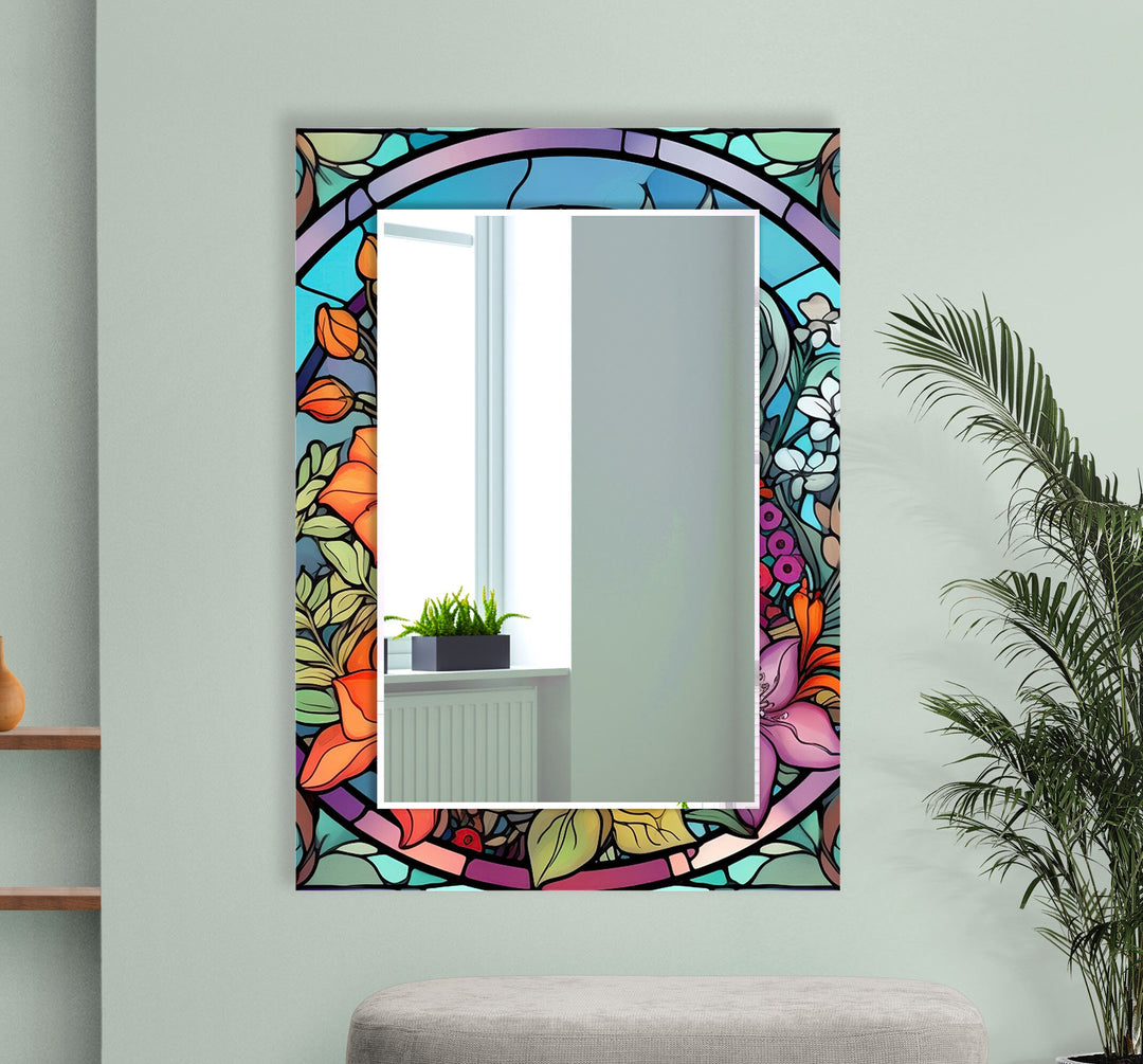 Colored Flowers Stained Wall Mirror Marble Mirror
