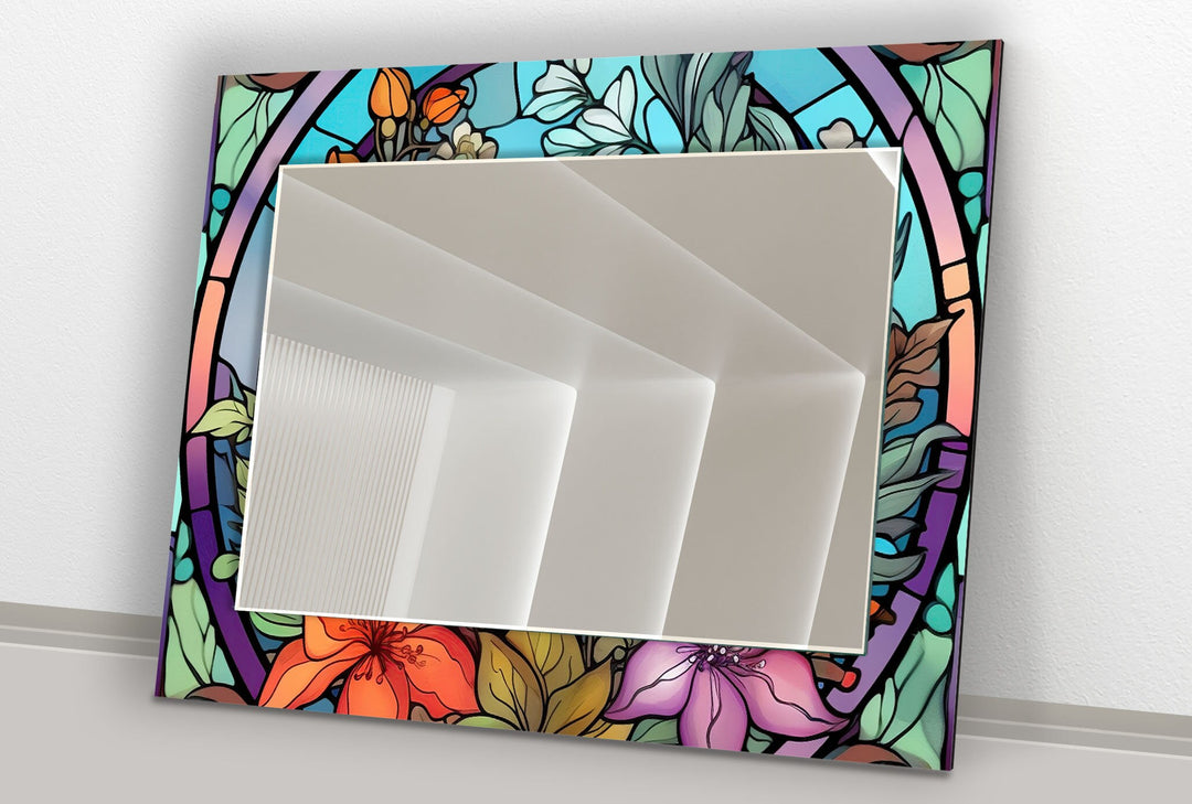 Colored Flowers Stained Wall Mirror Dining Room Wall Mirror
