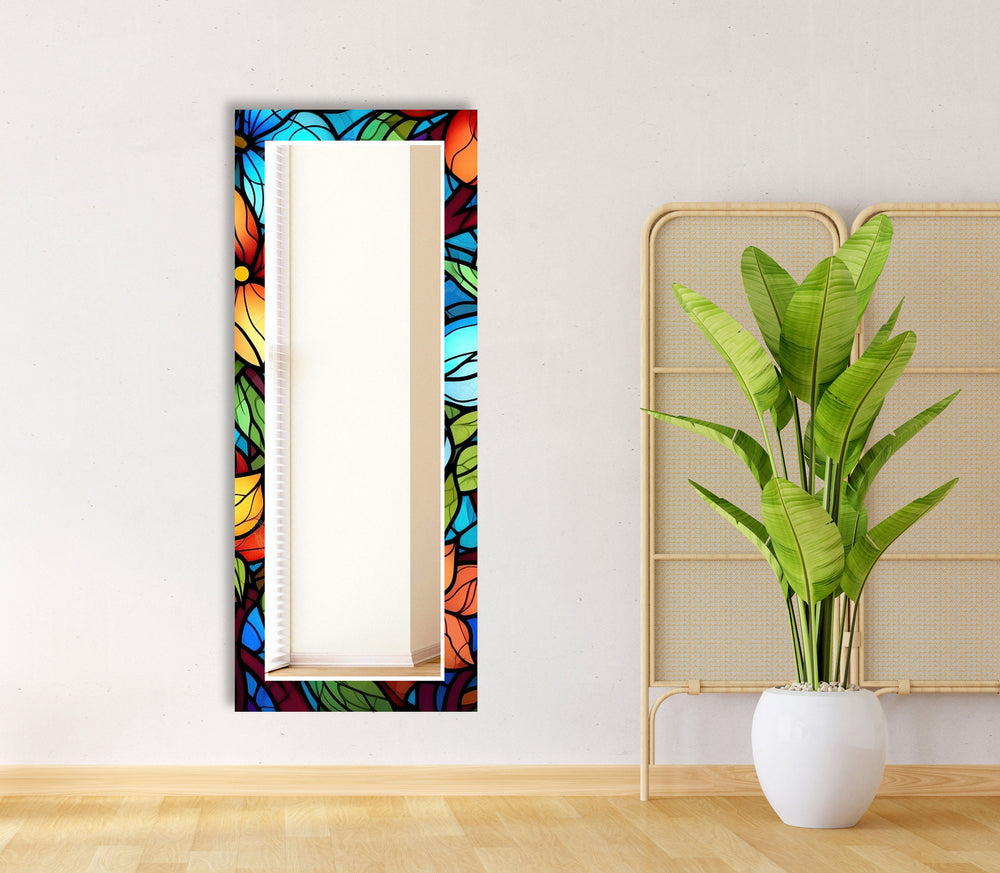 Stained Blue and Orange Flower Wall Mirror big mirror for living room
