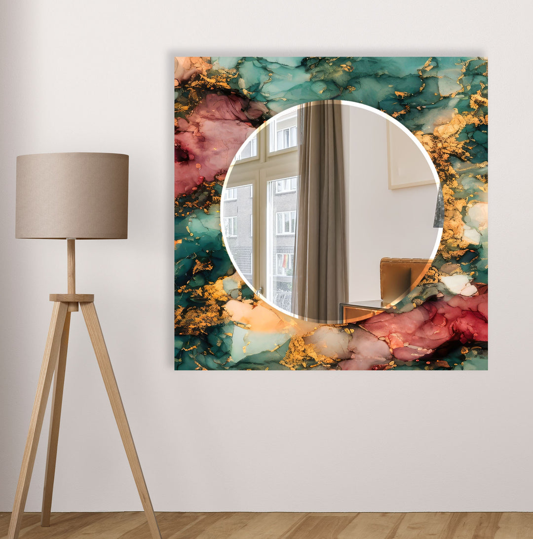 Marble Green & Orange Round Wall Mirror Living Room Mirror
