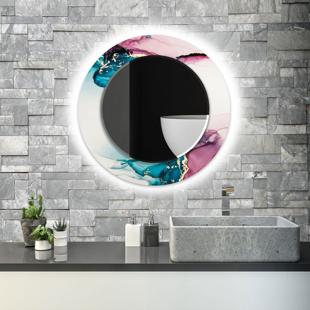 Abstract Blue & Pink Round Wall Mirror Entryway Mirror
