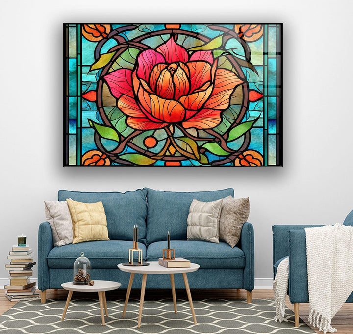 Red Floral Stained Glass Wall Art custom glass pictures, glass art prints