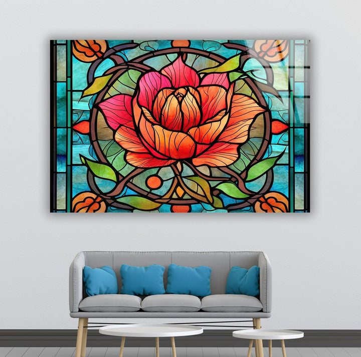 Red Floral Stained Glass Wall Art picture on glass wall art, photos printed on glass