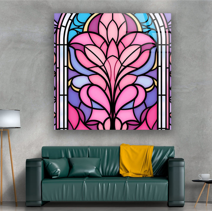 Stained Pink Floral Glass Wall Art picture on glass wall art, photos printed on glass