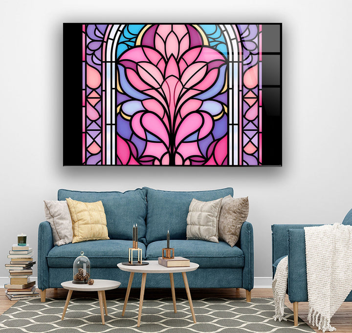 Stained Pink Floral Glass Wall Art print picture on glass, Tempered Glass Wall Art